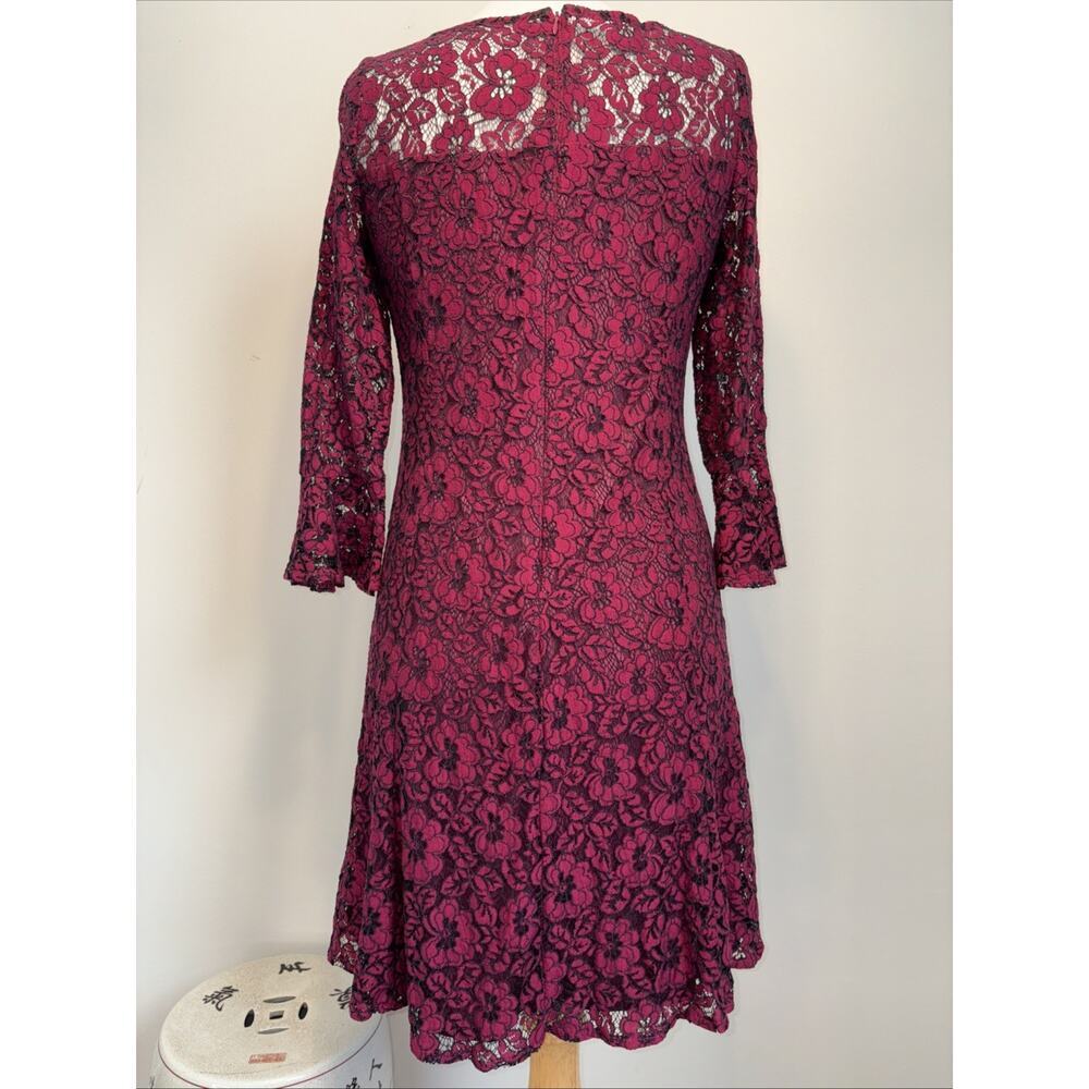 Retro Glam Illusion Lace Floral Holiday Cocktail Dress Burgundy Black 10 - Picture 3 of 15